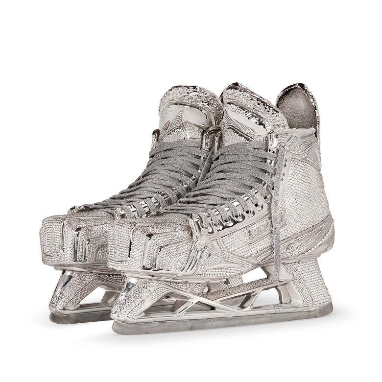 Henrik Lundqvist’s game worn and signed skates, encased in chromed copper and nickel, bejewelled with Swarvoski crystals. Don Blanton, 2022. Estimate $50,000-70,000. Offered in The Greats on 29 November-6 December at Christie’s online