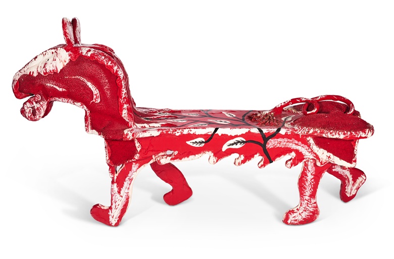 Thornton Dial, Jr. (b. 1953), Untitled (Horse  Lion Bench in Red and White), c. 1989-90. Mixed media and painted wood. 34¾ x 60 x 17½ in. Sold for $9,450 in Outsider and Vernacular Art on 18 January 2023 at Christies in New York
