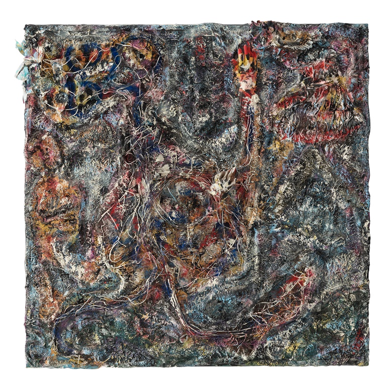 Thornton Dial (1928-2016), Untitled, 1993. Mixed media with wire, gloves, cloth and Splash Zone compound on canvas. 64 x 66 in. Sold for $37,800 in Outsider and Vernacular Art on 18 January 2023 at Christies in New York.