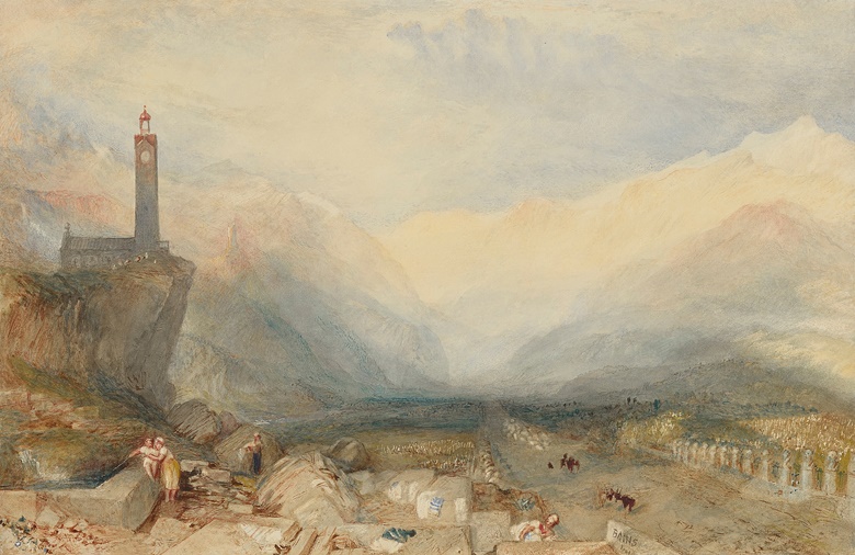 Joseph Mallord William Turner (1775-1851), The Splügen Pass. Pencil and watercolour heightened with bodycolour and with scratching out on paper. 29 x 45 cm (114 x 176 in). Sold for $1,008,000 in Remastered Old Masters from the Collection of J.E. Safra on 25 January 2023 at Christie’s New York