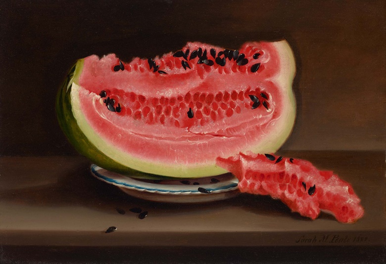 Sarah Miriam Peale (1800-1885), Watermelon, 1822. Oil on panel. 13½ x 19½ in (34.3 x 49.5 cm). Sold for $277,200 in From Peale to Peto American Masters from the Pollack Collection on 19 January at Christies in New York
