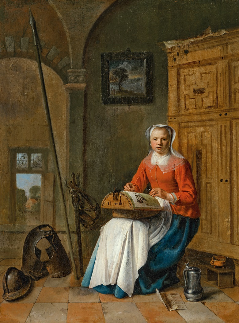 Pieter Jacobsz. Duhfhuysen (1608-1677), The Lacemaker. Oil on panel. 13⅜ x 10¼ in (34 x 26 cm). Sold for $100,800 in Remastered Old Masters from the Collection of J.E. Safra on 25 January 2023 at Christie’s New York