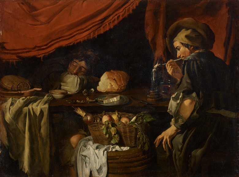 Franco-Flemish School, second quarter of the 17th century. A youth lighting his pipe at a laden table, with a sleeping companion nearby. Oil on canvas. 44 ¾ x 59 ⅜ in (113.7 x 150.4 cm). Sold for $302,400 in Remastered Old Masters from the Collection of J.E. Safra on 25 January 2023 at Christie’s New York