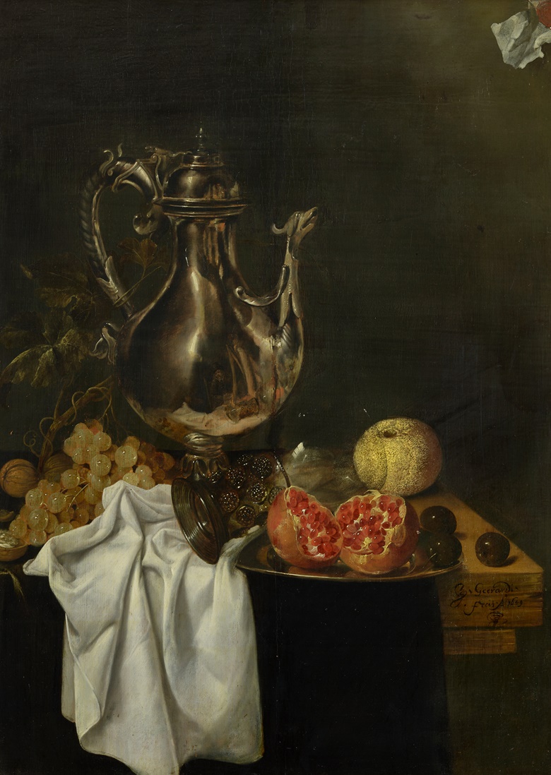 Jaspar Geeraerts (1620-1649), A silver ewer with a reflected portrait of the artist, an overturned roemer, a pomegranate on a pewter plate and other fruit and nuts on a partially draped table, 1649. Oil on panel. 27 x 20 in (68.5 x 50.8 cm). Sold for $252,000 in Remastered Old Masters from the Collection of J.E. Safra on 25 January 2023 at Christie’s New York