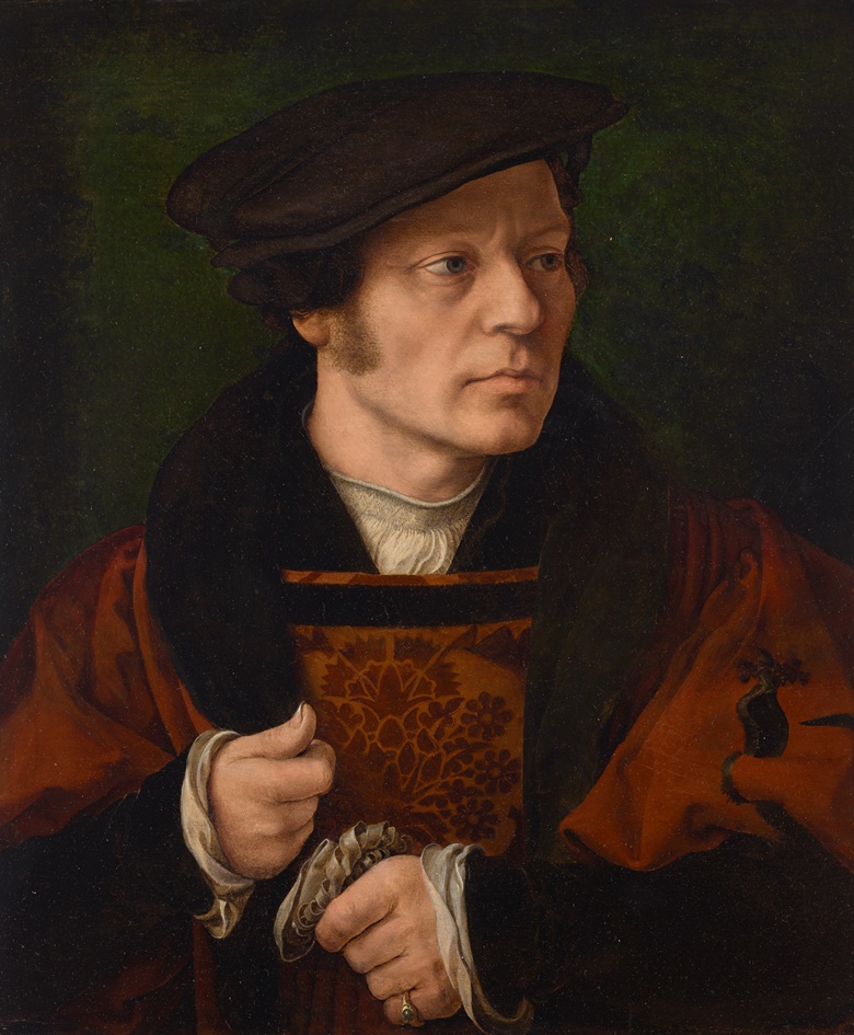 Joos Van Cleve (1485-1540), Portrait of a gentleman holding gloves, half-length. Oil on panel. 21 x 17¼ in (53.3 x 43.8 cm). Sold for $945,000 in Remastered Old Masters from the Collection of J.E. Safra on 25 January 2023 at Christie’s New York