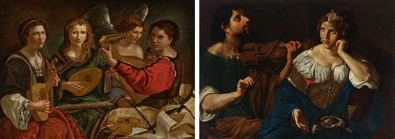 Left Pietro Paolini (1603-1681), Lute players and an Angel. Oil on canvas. 39½ x 52½ in (100.3 x 133.4 cm). Sold for $403,200. Right Angelo Caroselli (1585-1652), Lesbia mourning her pet sparrow. Oil on canvas. 43 ⅜ x 48 ½ in (110 x 123 cm). Sold for $94,500. Both offered in Remastered Old Masters from the Collection of J.E. Safra on 25 January 2023 at Christie’s New