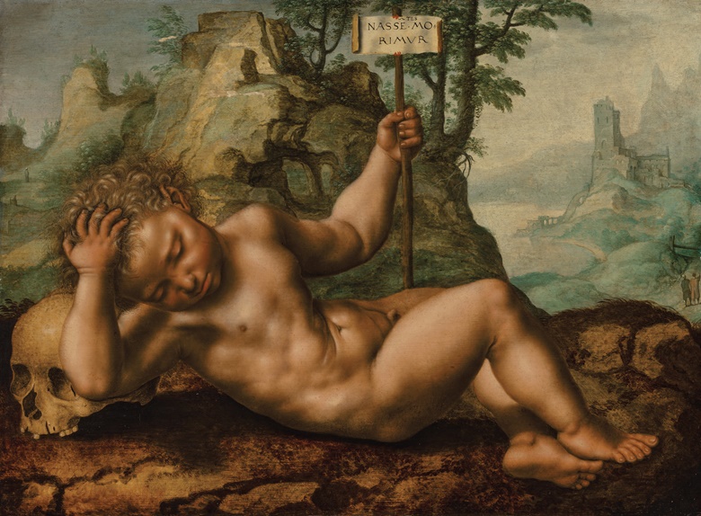 Jan Sanders van Hemessen (1500-15567), A Vanitas As We are Born, We Die. Oil on panel. 26⅜ x 36 in (67 x 91.5 cm). Sold for $655,200 in Remastered Old Masters from the Collection of J.E. Safra on 25 January 2023 at Christie’s New York