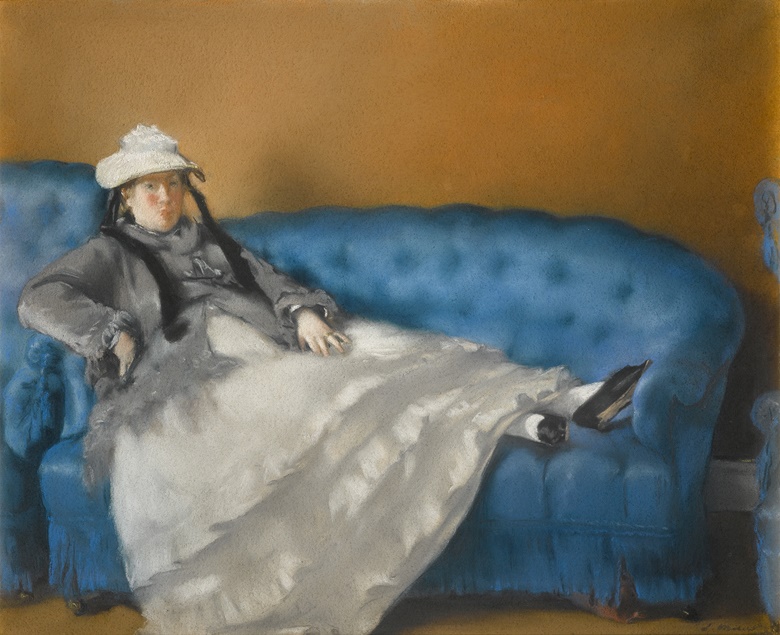 Edouard Manet (1832–1883), Portrait de Mme Manet sur un canapé bleu, 1874. Pastel on brown paper mounted on canvas. 49 x 60 cm. Paris, Musée d’Orsay. Photo © RMN-Grand Palais (Musée d’Orsay)  Jean-Gilles Berizzi