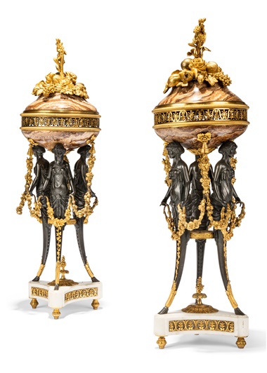 A pair of Louis XVI ormolu-mounted, patinated-bronze and alabastro fiorito brûle-parfums, circa 1785-90. 27 in (68.5 cm) high; 8 in (20 cm) diameter. Estimate £40,000-60,000. Offered in An Opulent Aesthetic An Important Private Collection from an English Country House on 9 February 2023 at Christie’s in London