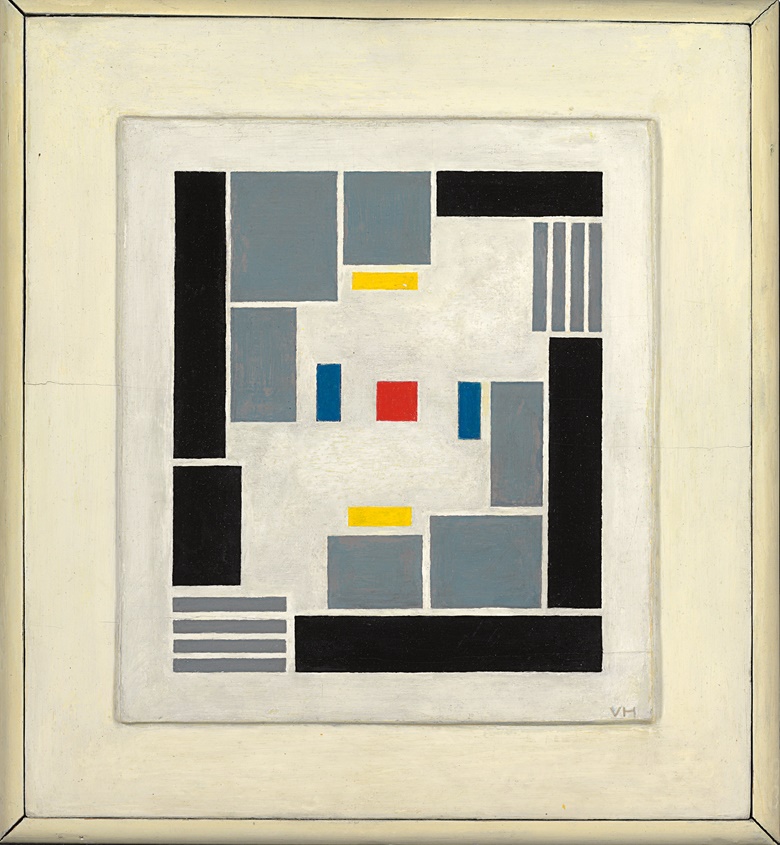 Vilmos Huszár (1884-1960), Composition abstraite, 1918-28. Oil on panel in the artist’s painted frame. 16⅝ x 15¼ in (42.3 x 38.9 cm). Sold for $237,500 on 14 November 2017 at Christie’s in New York. Artwork © Vilmos Huszár, DACS 2023