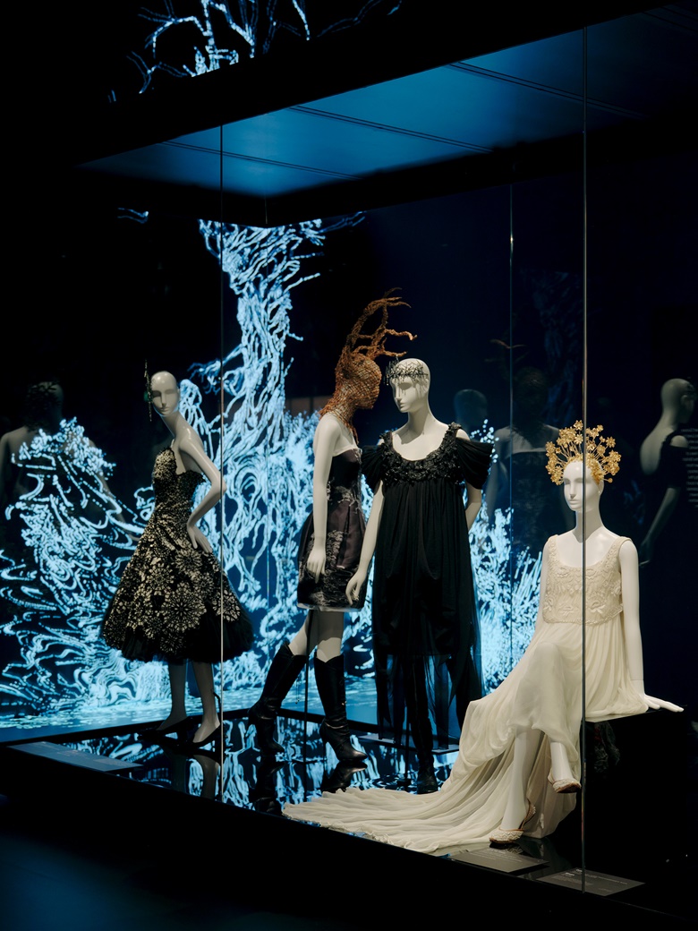 Installation view of Alexander McQueen Mind, Mythos, Muse at the National Gallery of Victoria, Melbourne. Photo Tom Ross