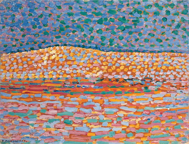 Piet Mondrian (1872-1944), Pointillist Dune Study, Crest at Left, 1909. Oil with traces of graphite on paper laid down on composition board. 11 x 15 in (30 x 39.4 cm). Sold for $717,500 on 19 November 1998 at Christie’s in New York. Welsh, no. A703. © 2023 Mondrian  Holtzman Trust