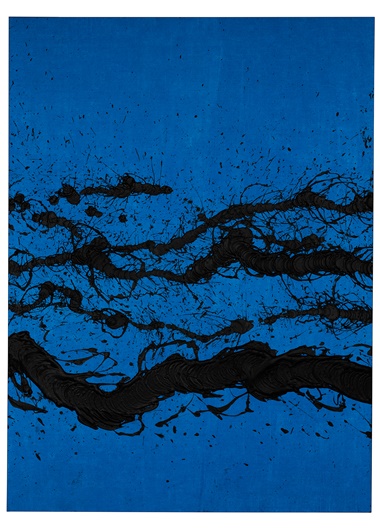 Fabienne Verdier, Vue de la terre depuis le bateau à la tombée du jour, 2022. Acrylic and mixed media on canvas. 183 x 135 cm. Offered in the private selling exhibition, Energy Lines Fabienne Verdier, 9-19 February 2023 at Christie’s in Dubai