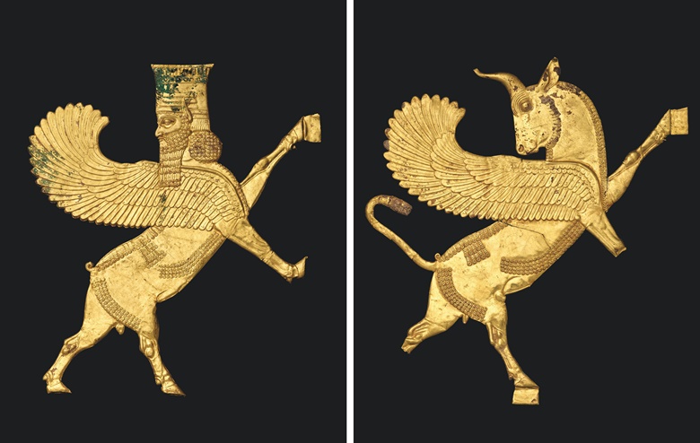 Left An Achaemenid gold applique of a Lamassu, Iran, Reign of Artaxerxes II, c. 404-357 B.C. 9 in (23.1 cm) high. Estimate £100,000-150,000. Sold for £1,642,500. Right An Achaemenid gold applique of a winged bull, Iran, Reign of Artaxerxes II, c. 404-359 B.C. 9 5⁄8 in (24.4 cm) high. Estimate £100,000-150,000. Sold for £1,402,500. Both sold in Antiquities on 8