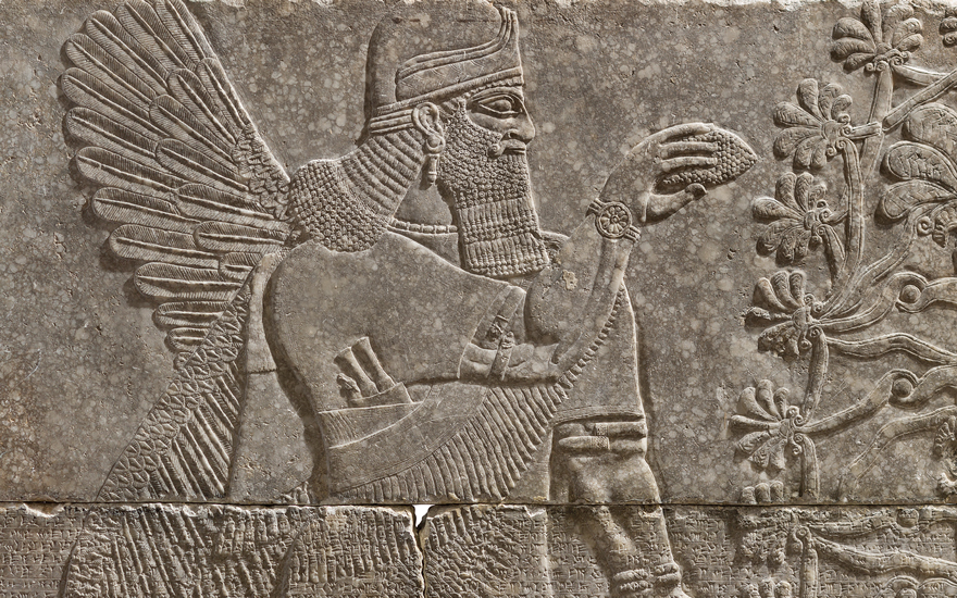 Detail of an Assyrian gypsum relief of a winged genius, reign of Ashurnasirpal II, c. 883-859 BC. 7 ft, 4 in x 6 ft, 5 in (223.5 cm x 195.5 cm). Estimate on request. Price realised $30,968,750.