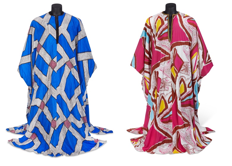 Diane von Furstenberg (b. 1946), Two polychrome printed caftans, late 20thearly 21st century. Estimate $500-700. Offered in The Collection of André Leon Talley Online on 3 February 2023 at Christie’s Online