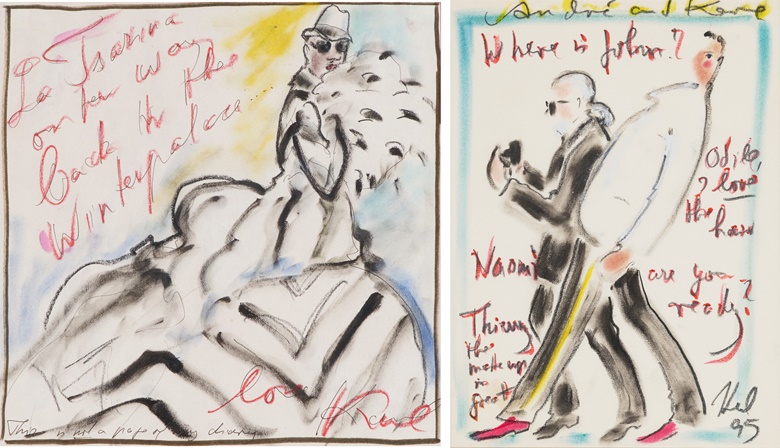 Left Karl Lagerfeld (1933-2019), Illustration of André Leon Talley. Paste and pencil on paper. 9¾ x 9¾ in (24.8 x 24.8 cm). Estimate $800-1,200. Right Karl Lagerfeld (1933-2019), André and Karl, 1995. Pastel and gouache on paper. 12½ x 9⅜ in (31.8 x 23.8 cm). Estimate $800-1,200. Both offered in The Collection of André Leon Talley on 15 February 2023 at