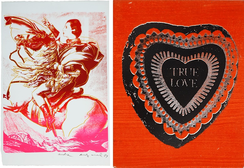 Left Andy Warhol (1928-1987), Diana Vreeland Rampant (after Jacques Louis David, Napoleon at St. Bernard), 1984. Screenprint in colors, on Somerset paper. 32⅜ x 23⅞ in (820 x 609 mm). Estimate $30,000-50,000. Right Andy Warhol (1928-1987), Candy Box (True Love), 1984. Acrylic and silkscreen ink on canvas. $150,000-200,000. Both offered in The Collection of André Leon Talley on 15 February
