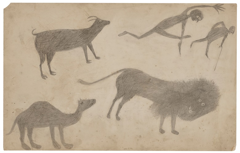 Bill Traylor (c. 1853-1949), Goat, Camel, Lion and Figures, c. 1939. Graphite on repurposed card. 14 x 22 in. Sold for $252,000 in Outsider and Vernacular Art on 18 January 2023 at Christies in New York