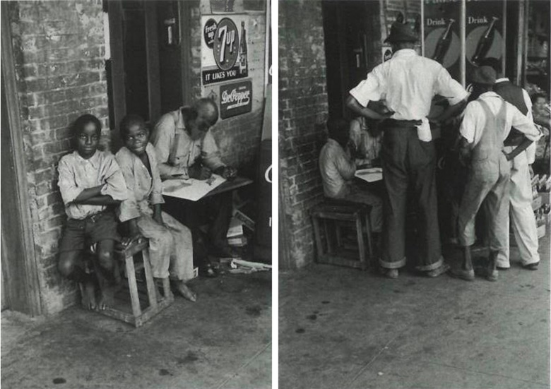 Left Charles Shannon, Seated BoysSeven Up SignTraylor Drawing, 1939. Photograph Charles E. and Eugenia C. Shannon Trust, courtesy Betty Cuningham Gallery. Right Charles Shannon, Young Men Watching Bill Traylor Draw, 1939. Photograph Charles E. and Eugenia C. Shannon Trust, courtesy Betty Cuningham Gallery