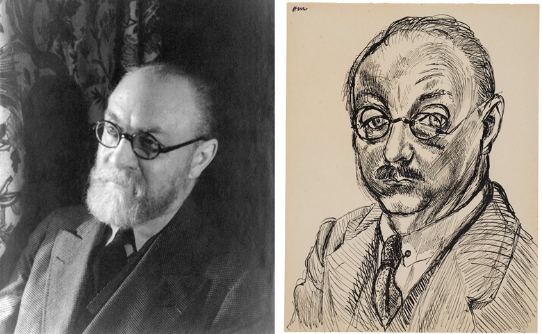 左：亨利‧马蒂斯，卡尔‧范‧韦克滕摄于1933年。照片：Everett Collection  Bridgeman Images。右：亨利‧马蒂斯(1869-1954)《自画像》，1927年作。墨水笔、印度墨水、纸本。22.8 x 17.5 cm. 估价：80,000-120,000美元。此作于2月8至15日在佳士得纽约“马蒂斯纸上作品：马蒂斯家族珍藏版画及素描”网上拍卖中推出