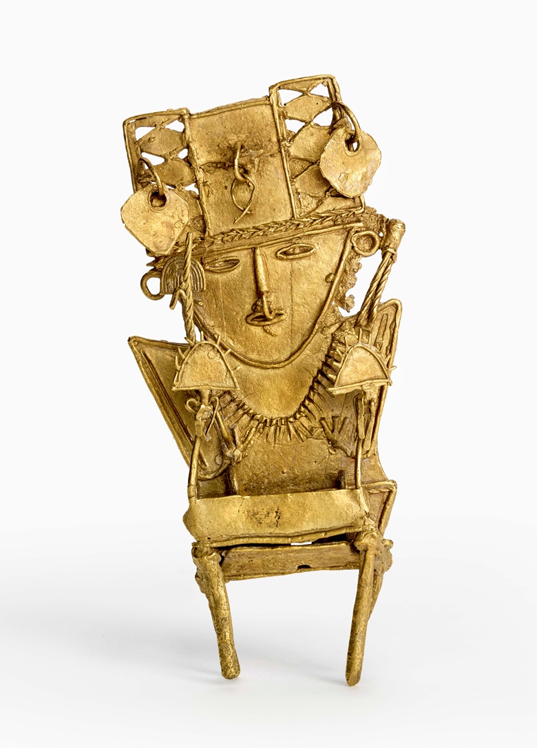 Votive figure (Tunjo) in form of a man sitting on a stool, Colombia, Eastern Cordillera, 800-1600 CE (Muisca tradition), tumbaga (gold-copper alloy). Museum of fine arts, Houston, gift of Alfred C. Glassell, Jr.