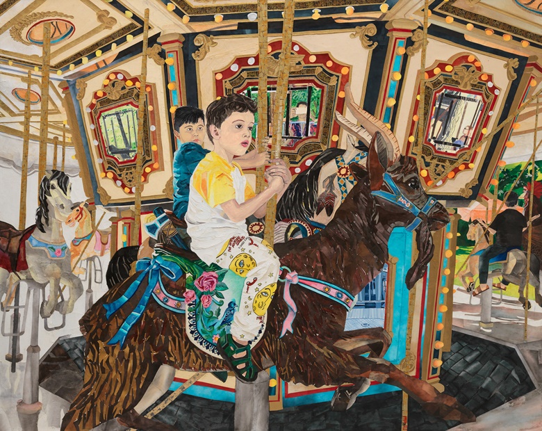 María Berrío (b. 1982), Cavalry, 2022. Collage with Japanese paper and watercolour paint on canvas. 72 x 90 in (182.9 x 228.6 cm). Courtesy of the Artist and Victoria Miro