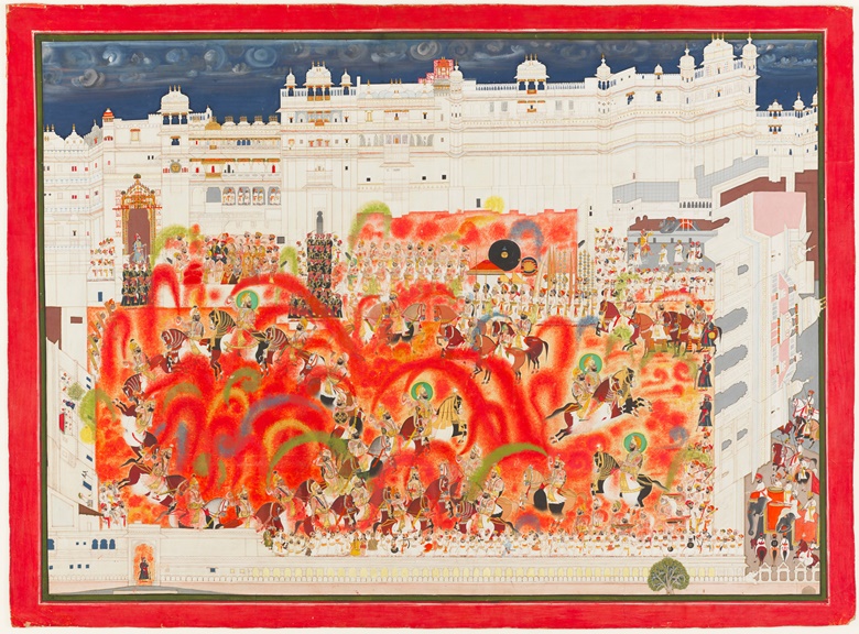 Maharana Swarup Singh and Courtiers Play Holi at the City Palace, c. 1851. Tara. Opaque watercolor and gold on paper; 92.2 × 125.5 cm. The City Palace Museum, Udaipur, 2012.19.0012