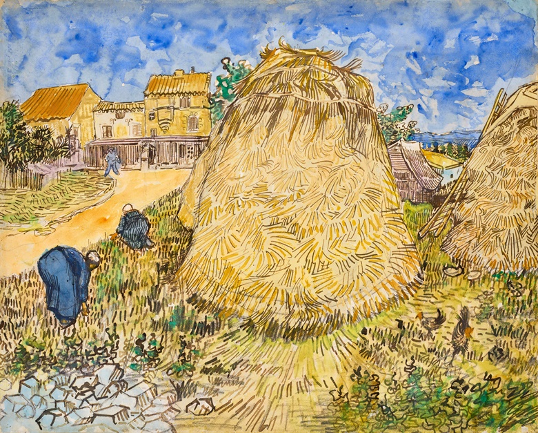 Vincent van Gogh (1853-1890), Meules de Blé, 1888. Gouache, watercolor, pen and brush and black ink over pencil on paper. 19 x 23 ¾ in. (48.5 x 60.4 cm.).  Sold for $35,855,000 on 10 November 2021 at Christie’s in New York