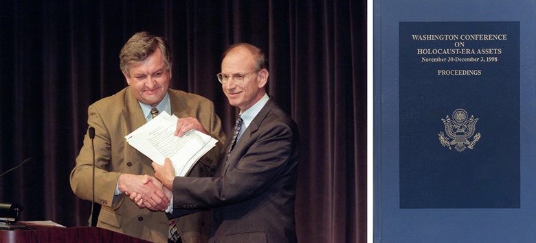 Left US Under Secretary of State Stuart Eizenstat with Russian delegate Valery Kulishov at the opening ceremony for the Conference on Holocaust-Era Assets at the US Holocaust Museum November 30, 1998 in Washington, DC. Photo by Richard Ellis  Alamy Stock Photo. Right J.D. Bindenagel, Washington Conference on Holocaust-Era Assets, November 30-December 3, 1998, Proceedings