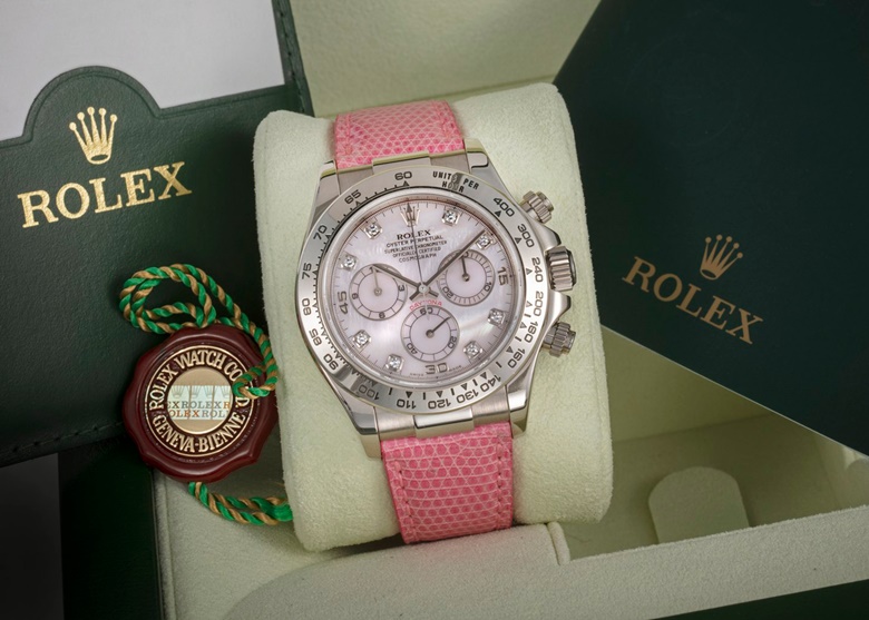 A Rolex, Daytona ref. 116519 gold and diamond-set automatic chronograph, circa 2001. With pink mother-of-pearl dial. Available for immediate purchase. Price $72,000