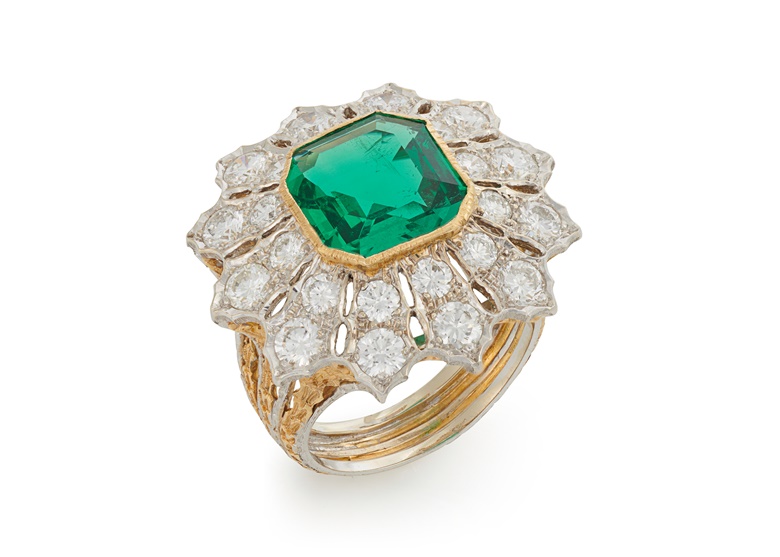 A Buccellati emerald and diamond ring. Square-cut emerald of 3.95 carats, circular-cut diamonds, silver and gold (Italian marks), signed Buccellati, US ring size 6¾. Available for immediate purchase. Price on request