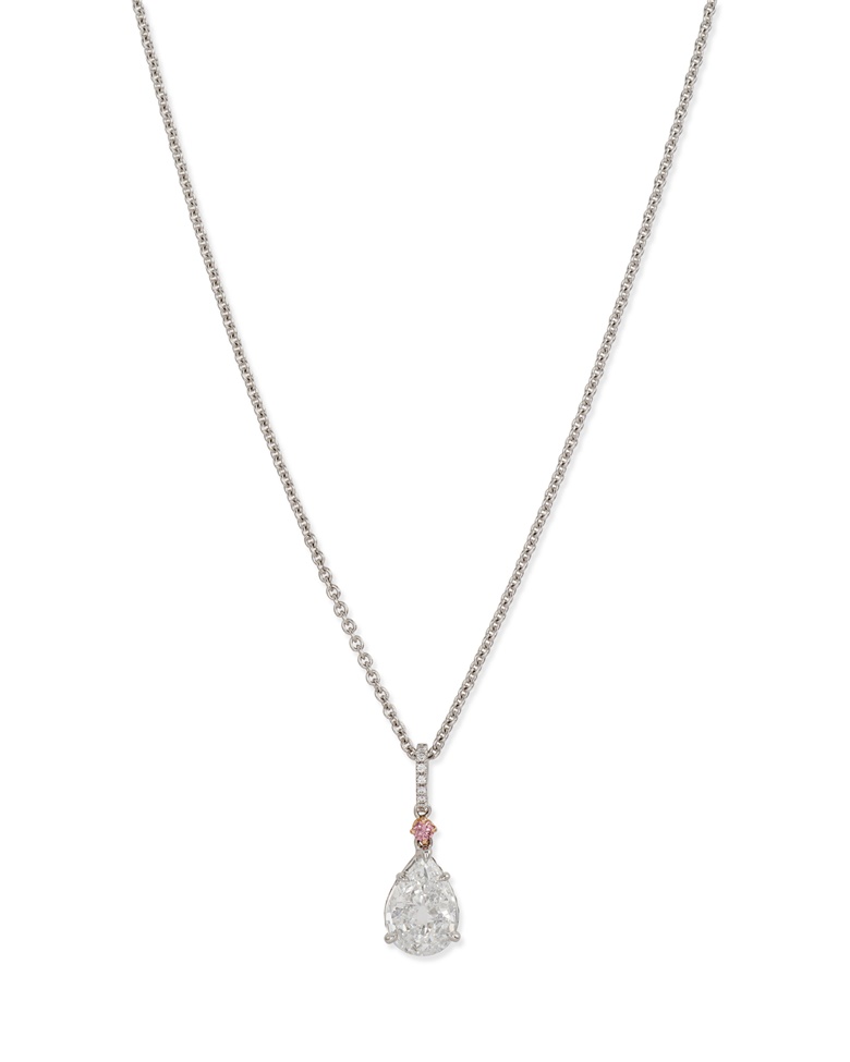 A diamond and coloured diamond pendant necklace. Pear modified brilliant-cut diamond of 1.79 carats, circular-cut diamonds, pink circular-cut diamond, platinum and gold, pendant length 2.1 cm. Available to purchase immediately. Price on request