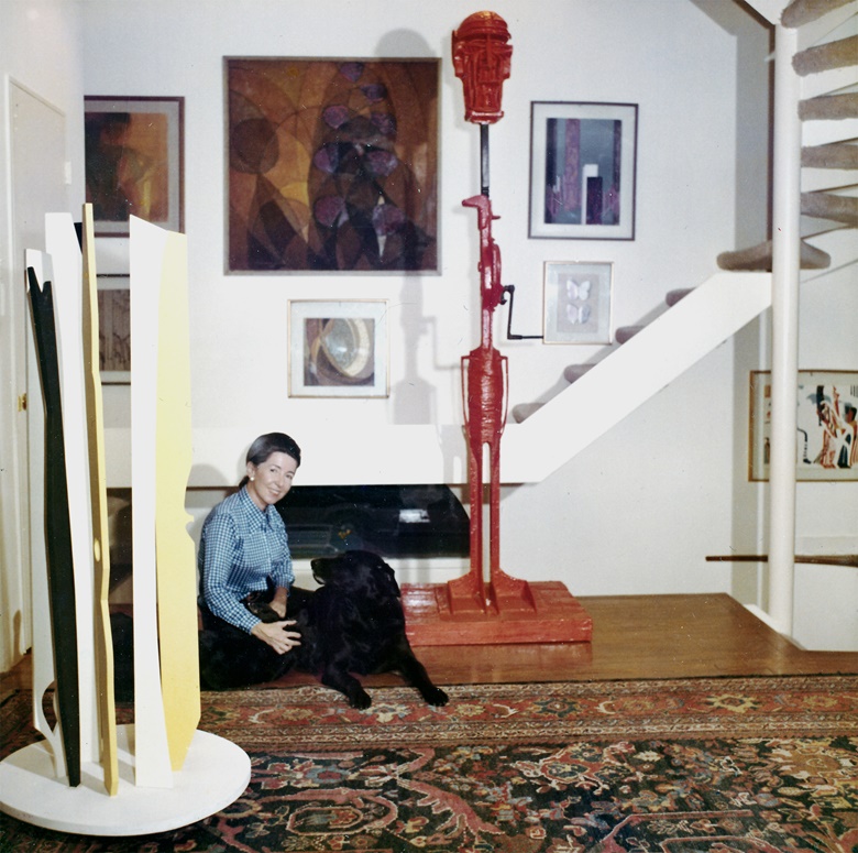 Meda Mládek at her house in Georgetown, Washington, D.C., April 1972. On the wall are works by František Kupka including Amorpha, Warm Chromatic, 1911-12; the sculptures are by Karel Malich and Karel Nepraš. Photo Lubomir Vanicek The Jan and Meda Mládek Archive. Artwork © František Kupka, DACS 2023