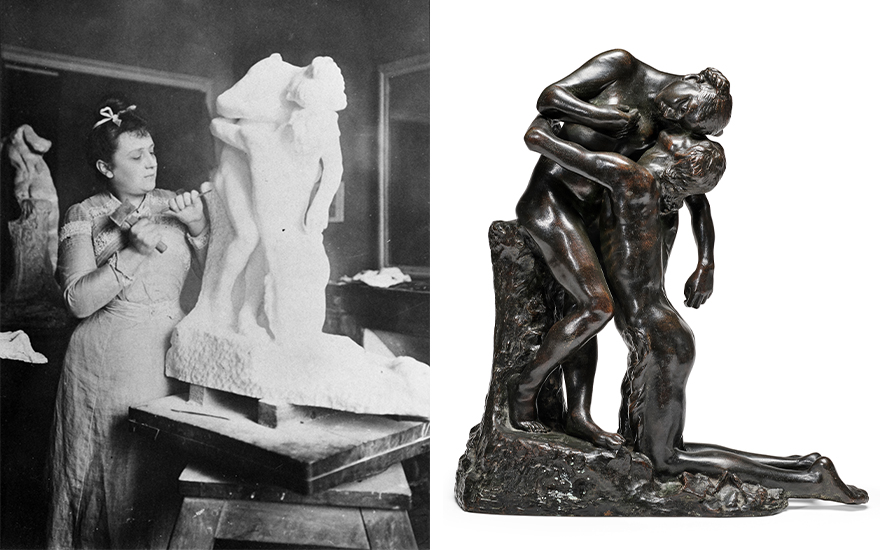 Camille Claudel at work on the sculpture in her studio, undated. Right, a 1905 bronze cast of L’Abandon, conceived in 1888. Sold for £831,600 on 3 March 2023 at Christie’s in London. Photo