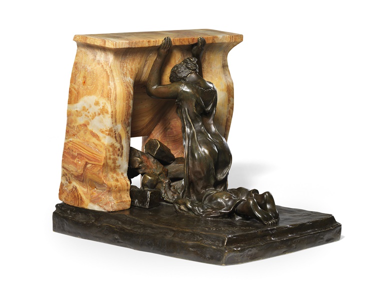 Camille Claudel (1864-1943), La profonde pensée or Intimité, conceived in 1898. Onyx and bronze with golden brown and red patina. Height 9⅜ in (23.8 cm). Cast by Eugène Blot in 1905 in a numbered edition of 10. Sold for £386,500 on 23 June 2016 at Christie’s in London