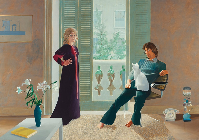 David Hockney, Mr and Mrs Clark and Percy, 1970-71. Acrylic on canvas. 84.0 x 120.1 in (213.4 x 305.1 cm). Tate Collection, UK. Photo Tate. Artwork © David Hockney