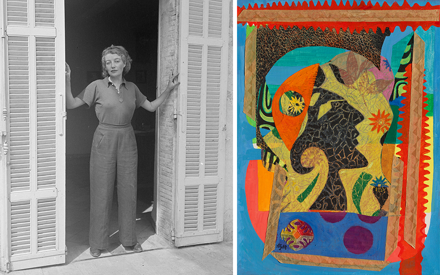 Eileen Agar at the Hôtel Vaste Horizon in Mougins, France, 1937. Right, Poppy Seed, 1964. Oil, acrylic, pastel and collage on canvas. 24 x 18 in (61 x 45.7 cm). Estimate £10,000-15,000.
