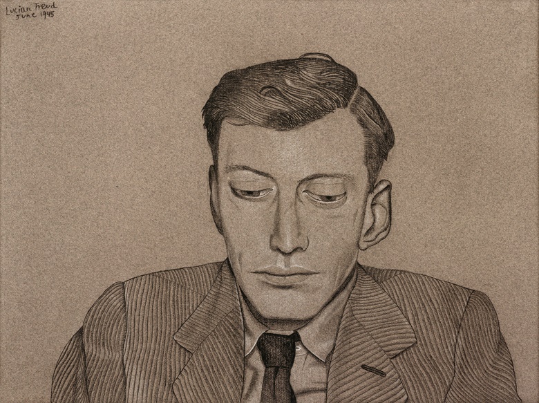 Lucian Freud, Peter Watson, 1945. Conté, charcoal and chalk on paper. Victoria & Albert Museum, London. Artwork © The Lucian Freud Archive. All Rights Reserved 2023  Bridgeman Images