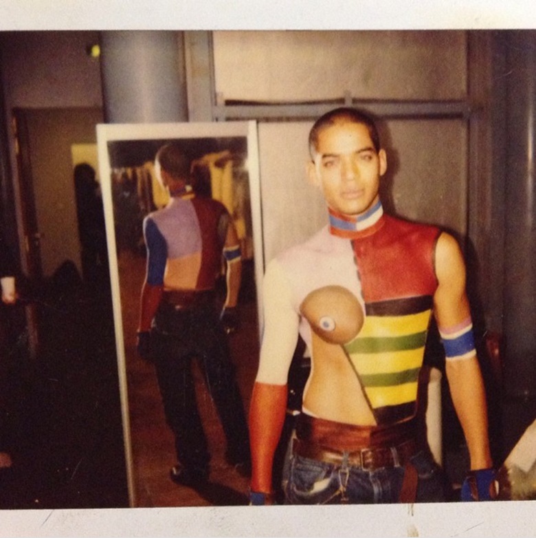 ‘No outfit so we painted one’ a Polaroid of Barry Kamen backstage at a Jean Paul Gaultier women’s show, 1989. Photo courtesy of The Barry Kamen Estate
