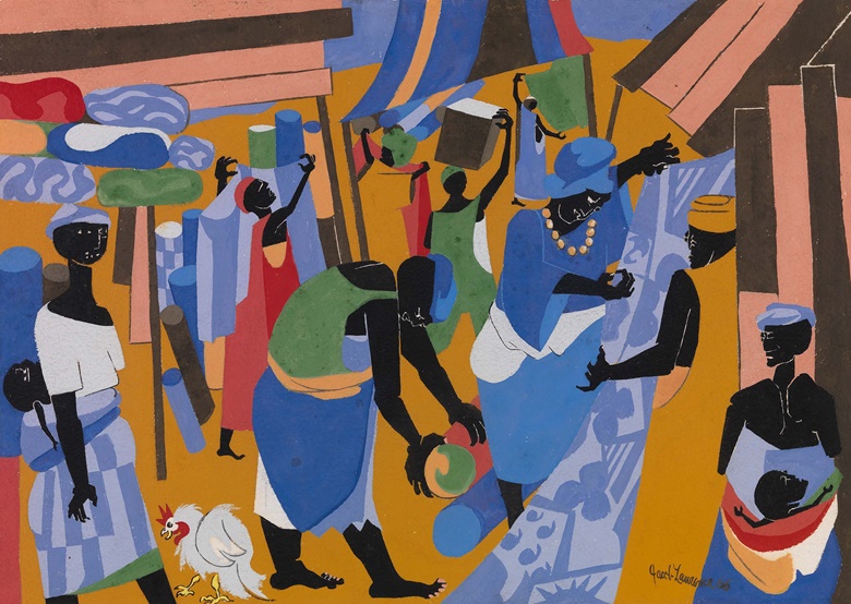 Jacob Lawrence (American, 1917–2000), Market Scene, 1966. Gouache on paper. Chrysler Museum of Art, Museum purchase 2018.22. © 2022 The Jacob and Gwendolyn Knight Lawrence Foundation, Seattle  Artists Rights Society (ARS), New York