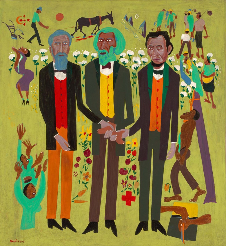 William H. Johnson, Three Great Abolitionists A. Lincoln, F. Douglass, J. Brown, ca. 1945, oil on paperboard, Smithsonian American Art Museum, Gift of the Harmon Foundation, 1983.95.5