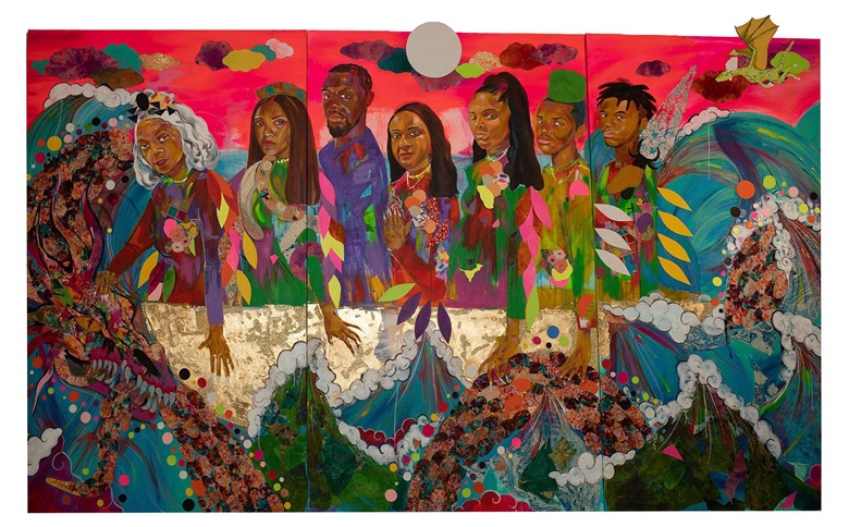 Jamea Richmond-Edwards (born Detroit, Michigan, 1982; based in Detroit, Michigan),This Water Runs Deep, 2022. Mixed media on canvas with sound 2 min., 18 sec., 96 in. × 15 ft. (243.8 × 457.2 cm). Courtesy of the artist and Kravets Wehby Gallery