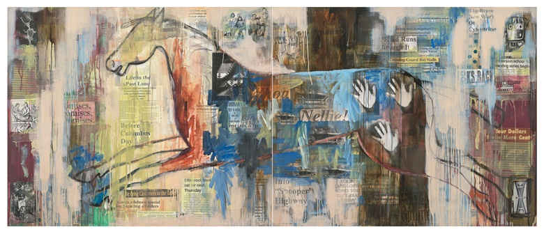 Jaune Quick-to-See Smith, I See Red Going Forward, Looking Back, 1996, Mixed media on canvas, 50 x 120 inches (127 x 304.8 cm), Signed and dated, verso. Courtesy the artist and Garth Greenan Gallery, New York