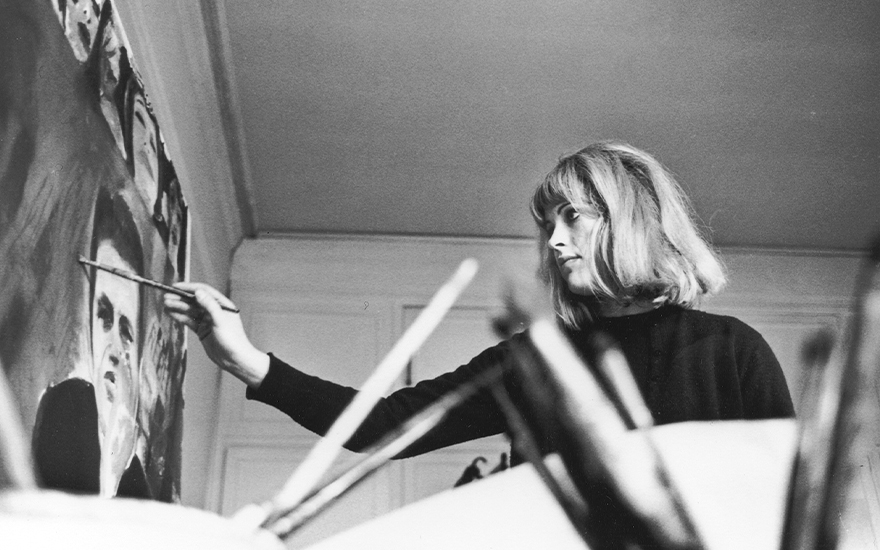 Pauline Boty painting Portrait of Derek Marlowe with Unknown Ladies, 1962-63 in 1963. Photo © Michael Seymour  National Portrait Gallery. Artwork courtesy of the Pauline Boty Estate