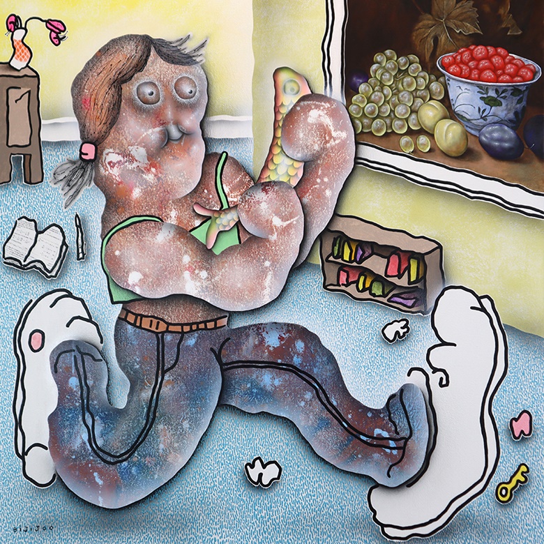 Bijijoo (b. 1975), Fish For Dinner, 2022. Oil and acrylic on canvas. 100 x 100 cm. His solo exhibition runs from 16 March to 28 May 2023