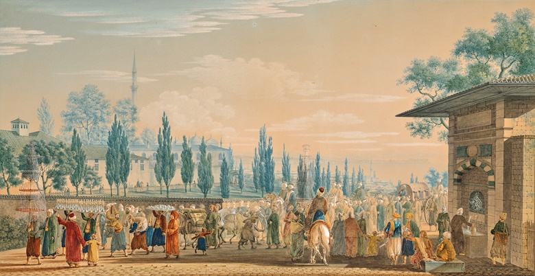 Antoine-Ignace Melling (1763-1831), A Turkish Wedding Procession. Graphite, watercolour and gouache, heightened with gum arabic, probably in its original mounting. 16⅝ x 32 in (42.2 x 81.4 cm). Estimate €200,000-400,000. Offered in Dessins anciens et du XIXe siècle on 22 March 2023 at Christie’s in Paris