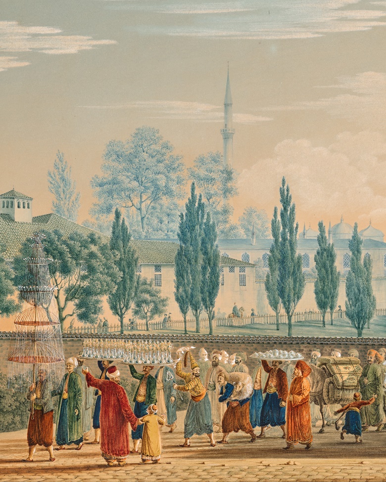 Detail from Melling’s A Turkish Wedding Procession, which is lead by a man carrying a huge pole decorated with long, cascading threads of gold foil. Behind him, two men bear trays of vases filled with flowers