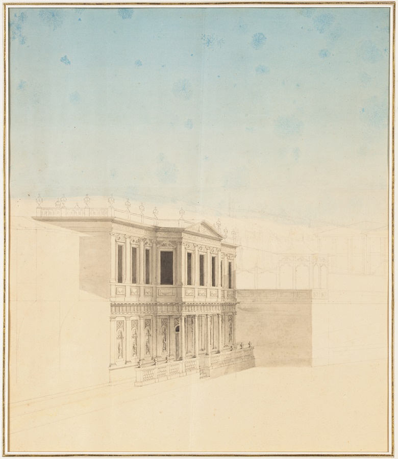 This view by Melling is of Sultana Hatice’s palace at Defterdarburnu on the Bosphorus, which he helped design. The drawing sold for €20,400 on 17 March 2005 at Christie’s in Paris