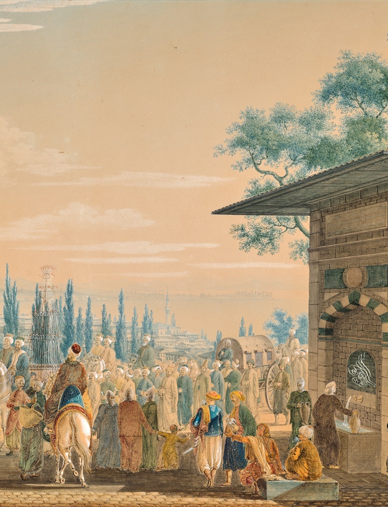 Detail from Melling’s A Turkish Wedding Procession, showing the tughra, a calligraphic emblem of the sultan, above a water fountain